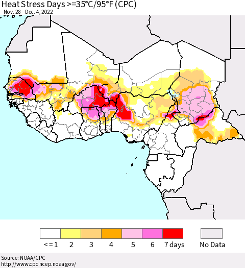 Western Africa Heat Stress Days >=35°C/95°F (CPC) Thematic Map For 11/28/2022 - 12/4/2022