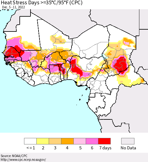Western Africa Heat Stress Days >=35°C/95°F (CPC) Thematic Map For 12/5/2022 - 12/11/2022