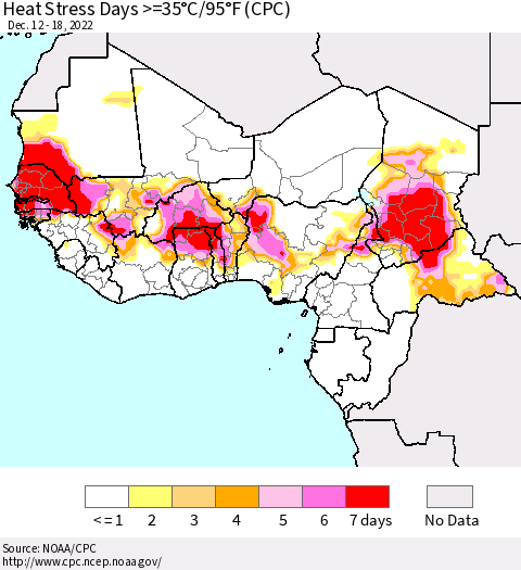 Western Africa Heat Stress Days >=35°C/95°F (CPC) Thematic Map For 12/12/2022 - 12/18/2022