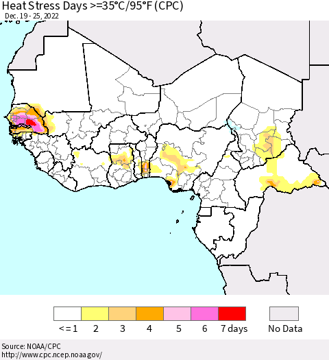 Western Africa Heat Stress Days >=35°C/95°F (CPC) Thematic Map For 12/19/2022 - 12/25/2022