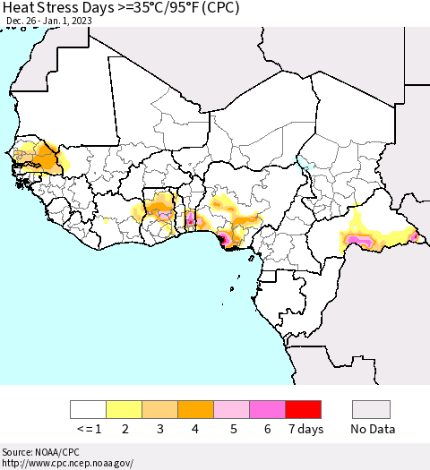 Western Africa Heat Stress Days >=35°C/95°F (CPC) Thematic Map For 12/26/2022 - 1/1/2023