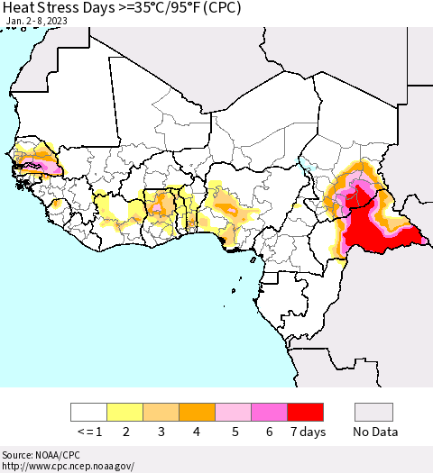 Western Africa Heat Stress Days >=35°C/95°F (CPC) Thematic Map For 1/2/2023 - 1/8/2023