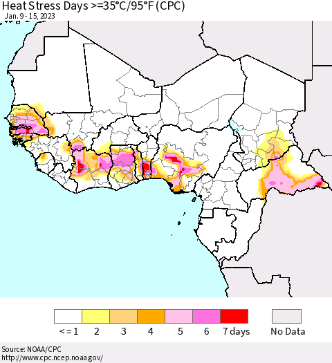 Western Africa Heat Stress Days >=35°C/95°F (CPC) Thematic Map For 1/9/2023 - 1/15/2023