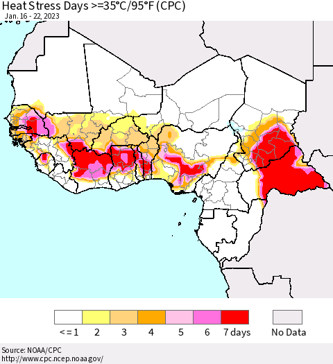 Western Africa Heat Stress Days >=35°C/95°F (CPC) Thematic Map For 1/16/2023 - 1/22/2023