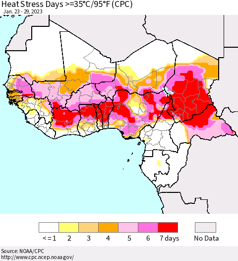 Western Africa Heat Stress Days >=35°C/95°F (CPC) Thematic Map For 1/23/2023 - 1/29/2023