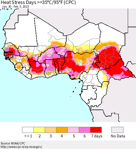 Western Africa Heat Stress Days >=35°C/95°F (CPC) Thematic Map For 1/30/2023 - 2/5/2023