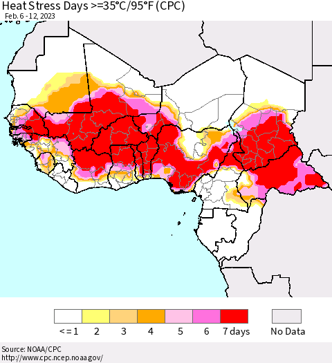 Western Africa Heat Stress Days >=35°C/95°F (CPC) Thematic Map For 2/6/2023 - 2/12/2023