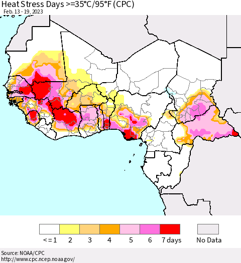 Western Africa Heat Stress Days >=35°C/95°F (CPC) Thematic Map For 2/13/2023 - 2/19/2023