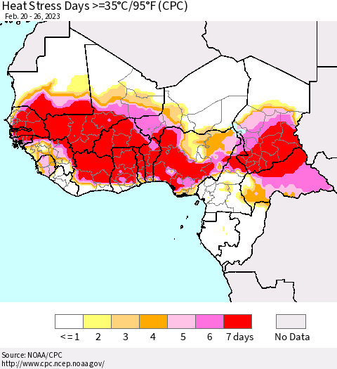 Western Africa Heat Stress Days >=35°C/95°F (CPC) Thematic Map For 2/20/2023 - 2/26/2023