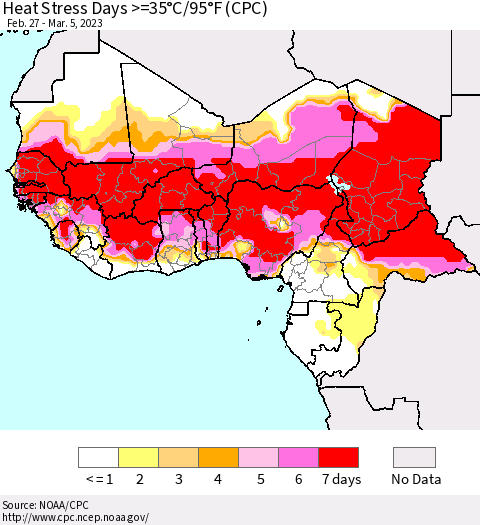Western Africa Heat Stress Days >=35°C/95°F (CPC) Thematic Map For 2/27/2023 - 3/5/2023