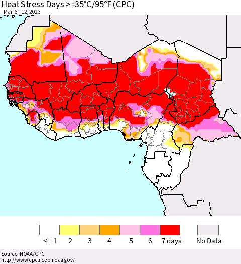 Western Africa Heat Stress Days >=35°C/95°F (CPC) Thematic Map For 3/6/2023 - 3/12/2023