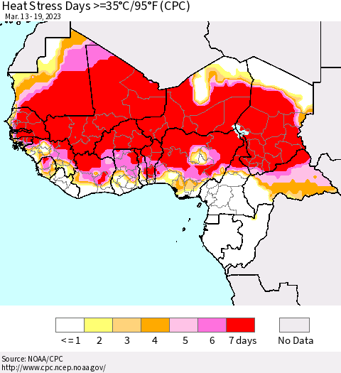 Western Africa Heat Stress Days >=35°C/95°F (CPC) Thematic Map For 3/13/2023 - 3/19/2023