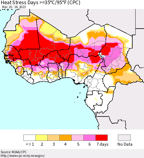Western Africa Heat Stress Days >=35°C/95°F (CPC) Thematic Map For 3/20/2023 - 3/26/2023