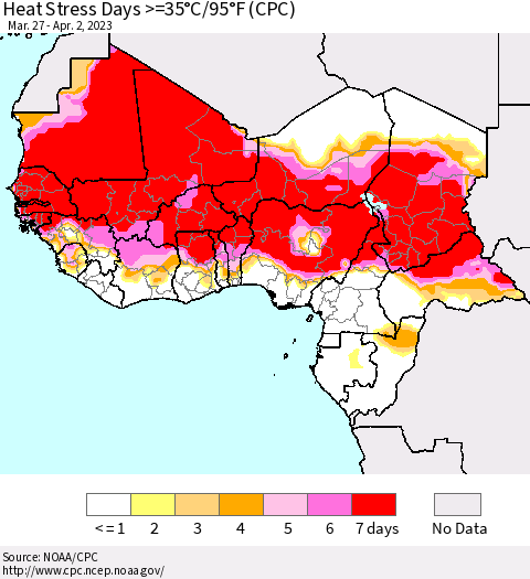 Western Africa Heat Stress Days >=35°C/95°F (CPC) Thematic Map For 3/27/2023 - 4/2/2023