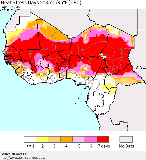 Western Africa Heat Stress Days >=35°C/95°F (CPC) Thematic Map For 4/3/2023 - 4/9/2023