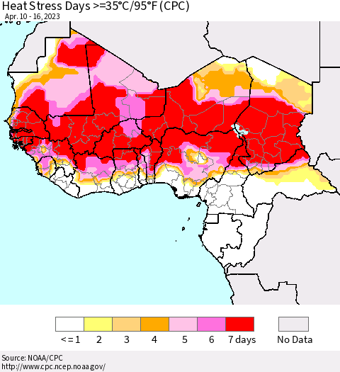 Western Africa Heat Stress Days >=35°C/95°F (CPC) Thematic Map For 4/10/2023 - 4/16/2023
