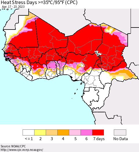 Western Africa Heat Stress Days >=35°C/95°F (CPC) Thematic Map For 4/17/2023 - 4/23/2023