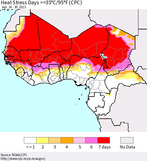 Western Africa Heat Stress Days >=35°C/95°F (CPC) Thematic Map For 4/24/2023 - 4/30/2023