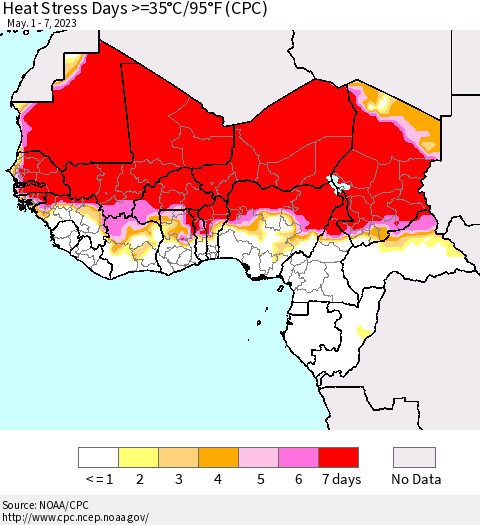 Western Africa Heat Stress Days >=35°C/95°F (CPC) Thematic Map For 5/1/2023 - 5/7/2023