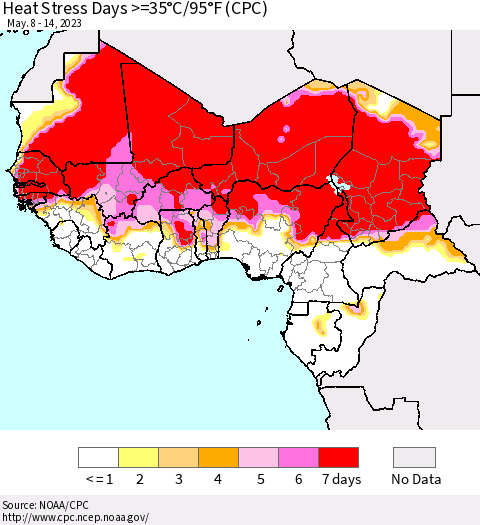 Western Africa Heat Stress Days >=35°C/95°F (CPC) Thematic Map For 5/8/2023 - 5/14/2023