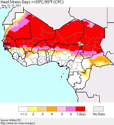 Western Africa Heat Stress Days >=35°C/95°F (CPC) Thematic Map For 5/15/2023 - 5/21/2023