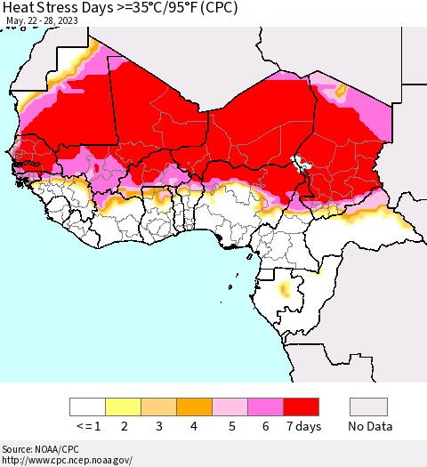 Western Africa Heat Stress Days >=35°C/95°F (CPC) Thematic Map For 5/22/2023 - 5/28/2023