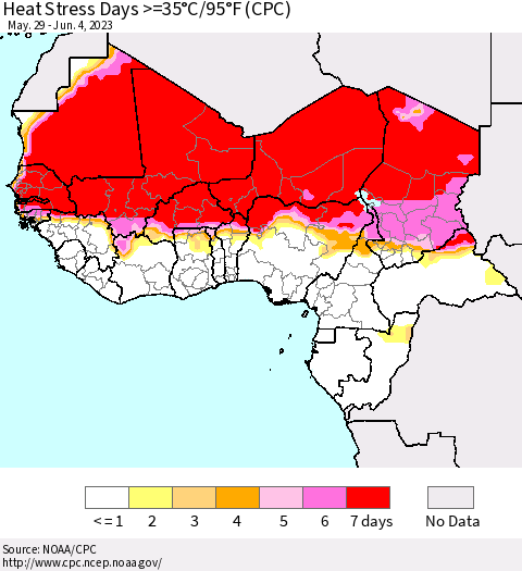 Western Africa Heat Stress Days >=35°C/95°F (CPC) Thematic Map For 5/29/2023 - 6/4/2023