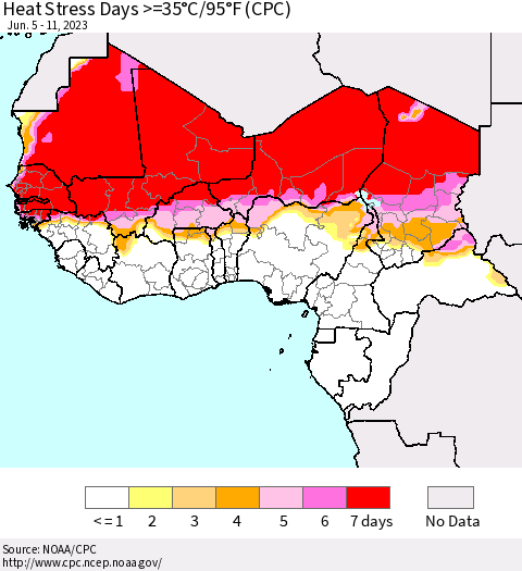 Western Africa Heat Stress Days >=35°C/95°F (CPC) Thematic Map For 6/5/2023 - 6/11/2023