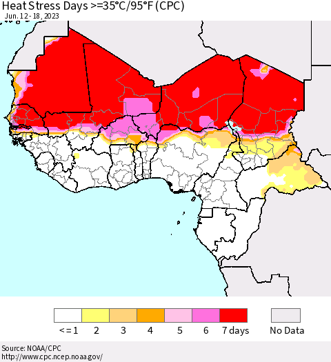 Western Africa Heat Stress Days >=35°C/95°F (CPC) Thematic Map For 6/12/2023 - 6/18/2023