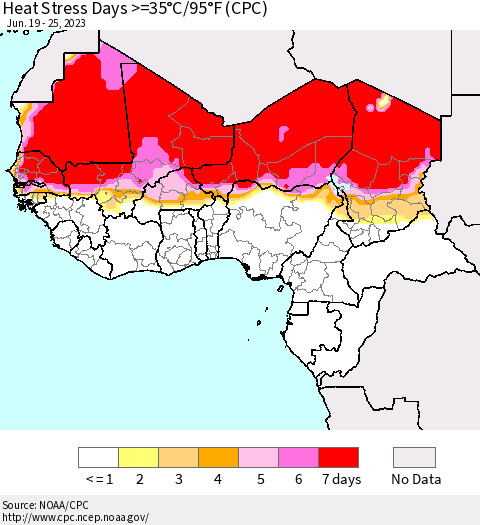 Western Africa Heat Stress Days >=35°C/95°F (CPC) Thematic Map For 6/19/2023 - 6/25/2023