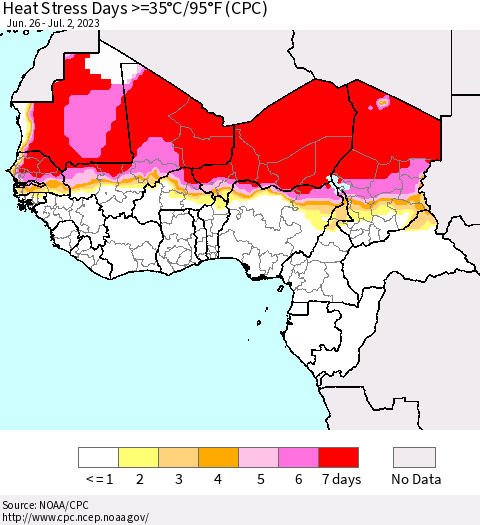 Western Africa Heat Stress Days >=35°C/95°F (CPC) Thematic Map For 6/26/2023 - 7/2/2023