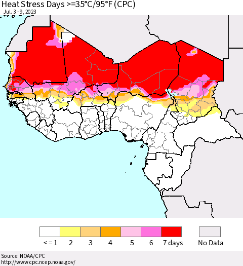 Western Africa Heat Stress Days >=35°C/95°F (CPC) Thematic Map For 7/3/2023 - 7/9/2023