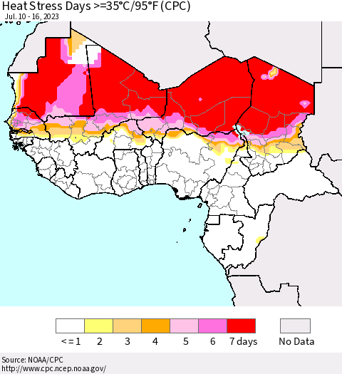 Western Africa Heat Stress Days >=35°C/95°F (CPC) Thematic Map For 7/10/2023 - 7/16/2023
