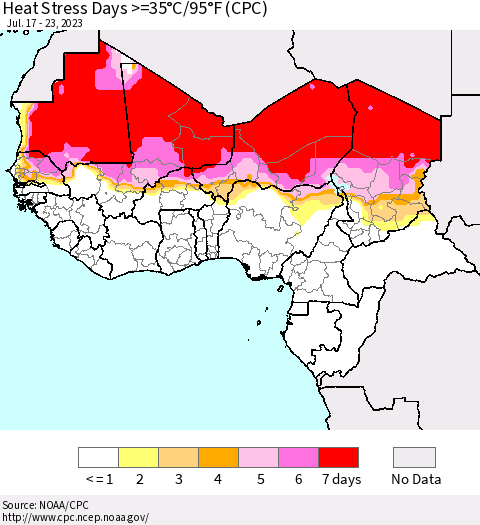 Western Africa Heat Stress Days >=35°C/95°F (CPC) Thematic Map For 7/17/2023 - 7/23/2023
