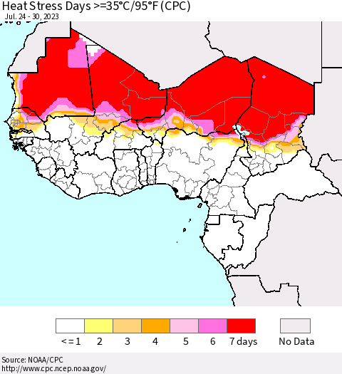 Western Africa Heat Stress Days >=35°C/95°F (CPC) Thematic Map For 7/24/2023 - 7/30/2023
