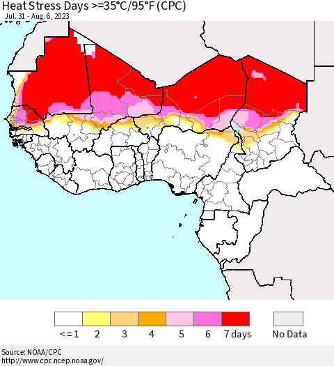 Western Africa Heat Stress Days >=35°C/95°F (CPC) Thematic Map For 7/31/2023 - 8/6/2023