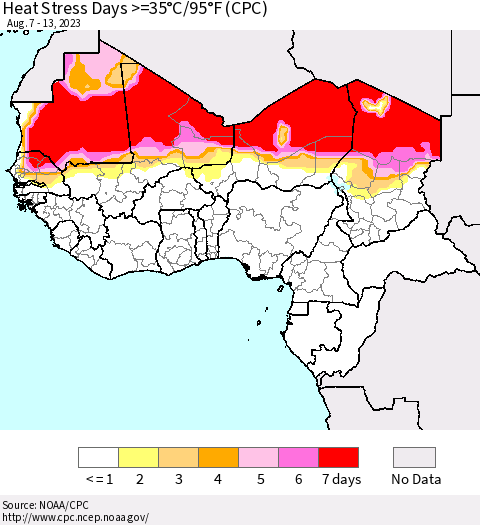 Western Africa Heat Stress Days >=35°C/95°F (CPC) Thematic Map For 8/7/2023 - 8/13/2023