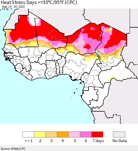 Western Africa Heat Stress Days >=35°C/95°F (CPC) Thematic Map For 8/14/2023 - 8/20/2023