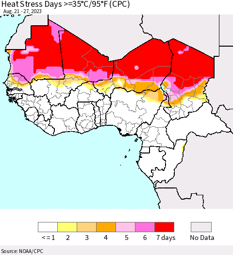 Western Africa Heat Stress Days >=35°C/95°F (CPC) Thematic Map For 8/21/2023 - 8/27/2023
