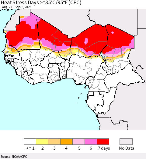 Western Africa Heat Stress Days >=35°C/95°F (CPC) Thematic Map For 8/28/2023 - 9/3/2023