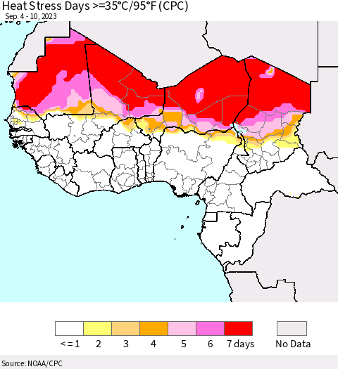Western Africa Heat Stress Days >=35°C/95°F (CPC) Thematic Map For 9/4/2023 - 9/10/2023