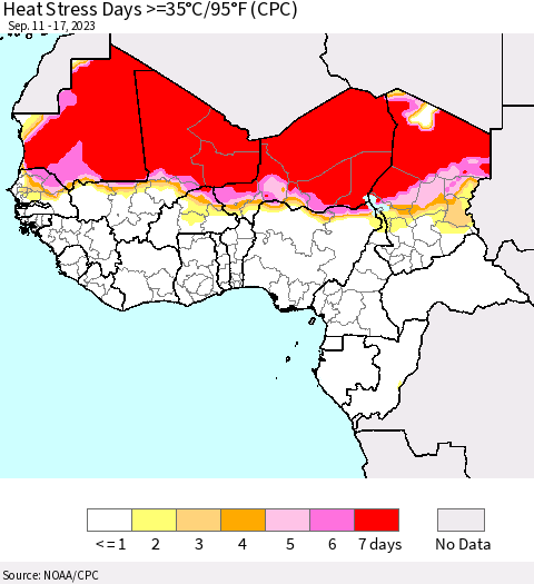 Western Africa Heat Stress Days >=35°C/95°F (CPC) Thematic Map For 9/11/2023 - 9/17/2023