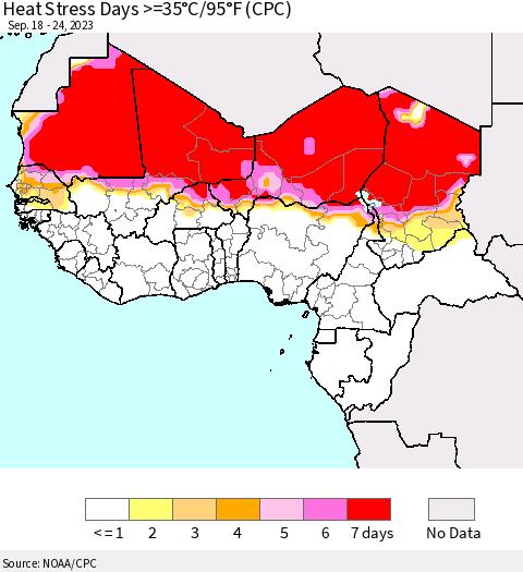 Western Africa Heat Stress Days >=35°C/95°F (CPC) Thematic Map For 9/18/2023 - 9/24/2023