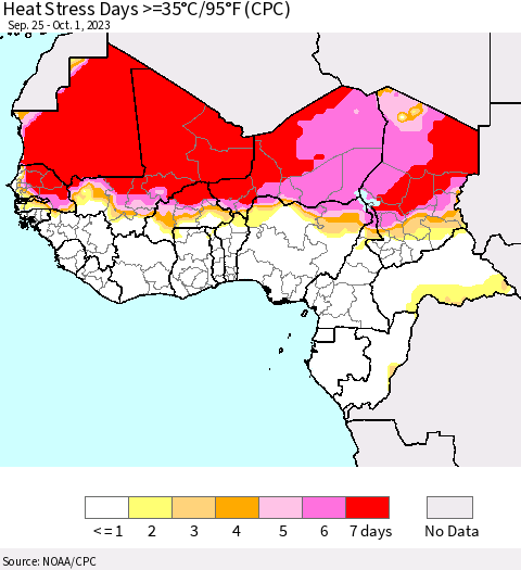 Western Africa Heat Stress Days >=35°C/95°F (CPC) Thematic Map For 9/25/2023 - 10/1/2023