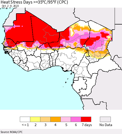 Western Africa Heat Stress Days >=35°C/95°F (CPC) Thematic Map For 10/2/2023 - 10/8/2023