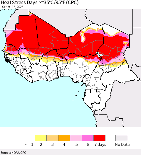 Western Africa Heat Stress Days >=35°C/95°F (CPC) Thematic Map For 10/9/2023 - 10/15/2023