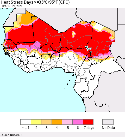 Western Africa Heat Stress Days >=35°C/95°F (CPC) Thematic Map For 10/16/2023 - 10/22/2023
