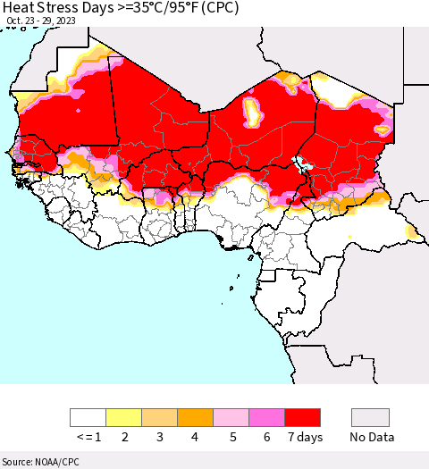 Western Africa Heat Stress Days >=35°C/95°F (CPC) Thematic Map For 10/23/2023 - 10/29/2023