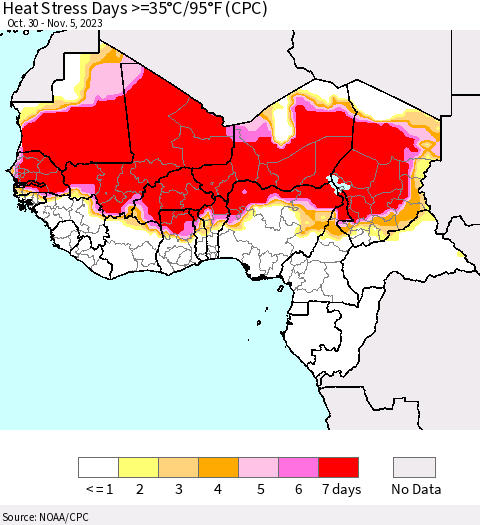 Western Africa Heat Stress Days >=35°C/95°F (CPC) Thematic Map For 10/30/2023 - 11/5/2023
