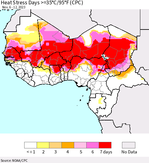 Western Africa Heat Stress Days >=35°C/95°F (CPC) Thematic Map For 11/6/2023 - 11/12/2023